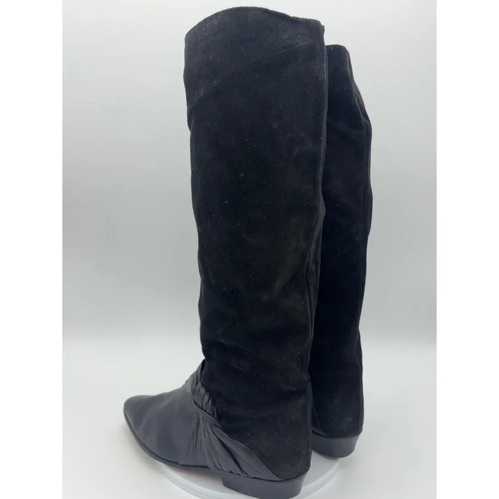 VINTAGE NICKELS Tall Riding Boot Black Leather Suede Knee High‎ Point Toe Shoe 7